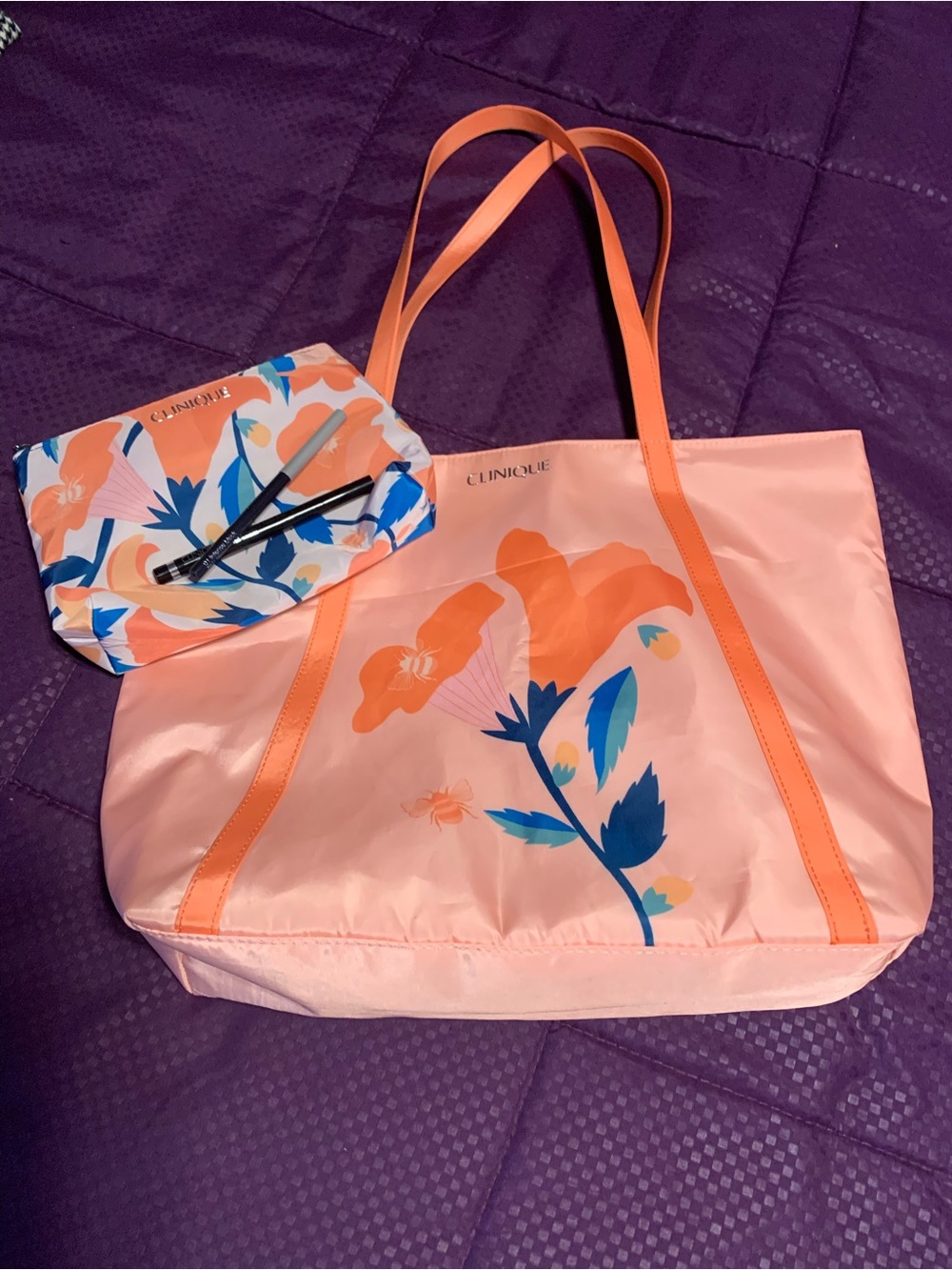 Clinique Peach and Blue Floral Tote with Matching Cosmetic Pouch